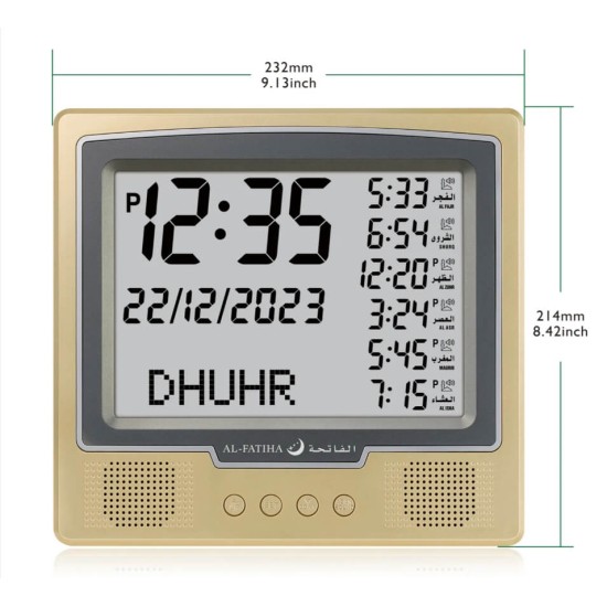 Square Athan Desk Clock with Full Azan Display - Muslim Prayer Clock