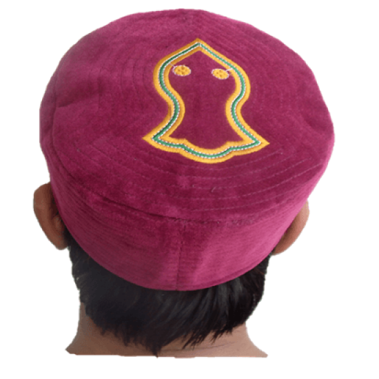 Maroon Nalain Kufi Cap – Embroidered Velvet Hat with Blessed Symbol of the Prophet ﷺ