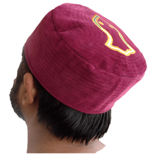 Maroon Nalain Kufi Cap – Embroidered Velvet Hat with Blessed Symbol of the Prophet ﷺ