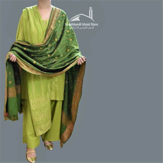 Women Shawl Acro Green Golden Patches Embroidered Four Corners