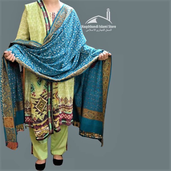 Women Shawl Turquoise Blue Acro Woolen All Borders Embroidery