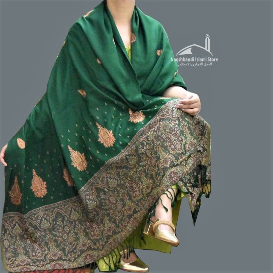 Women Shawl Acro Green Woolen Brown Designer Sides