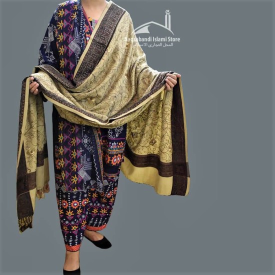 Women Shawl Khaki Color Acro and Embroidered Corners