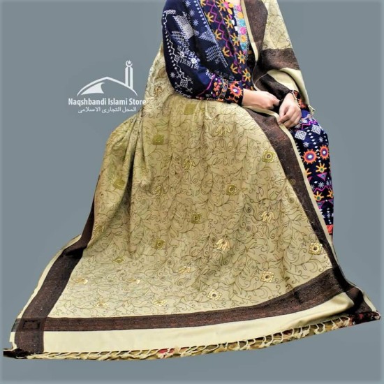 Women Shawl Khaki Color Acro and Embroidered Corners