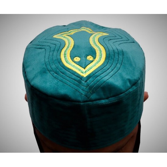 Sea Green Nalain Kufi Cap – Embroidered Velvet Hat with the Blessed Symbol of the Prophet ﷺ