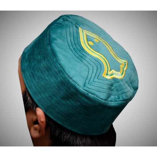 Sea Green Nalain Kufi Cap – Embroidered Velvet Hat with the Blessed Symbol of the Prophet ﷺ